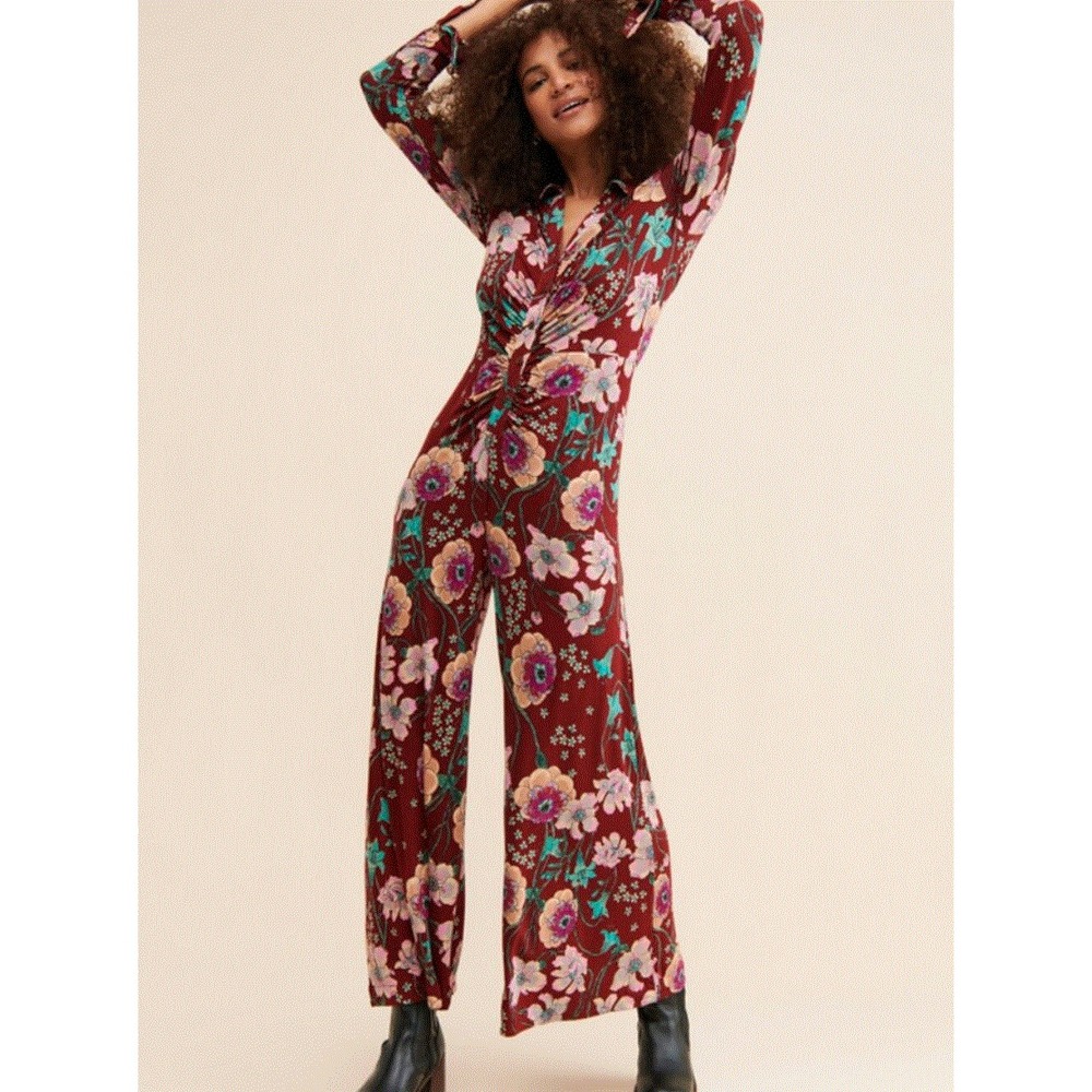 Free People Shayla Wide Leg Jumpsuit Red Floral Long Sleeve M OB2069787